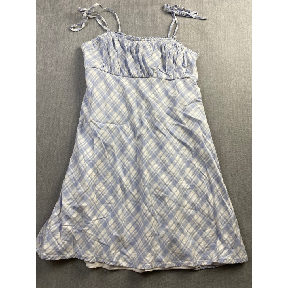 Hollister Blue White Plaid Tie Smocked Mini‎ Dress Womens Small Cottagecore